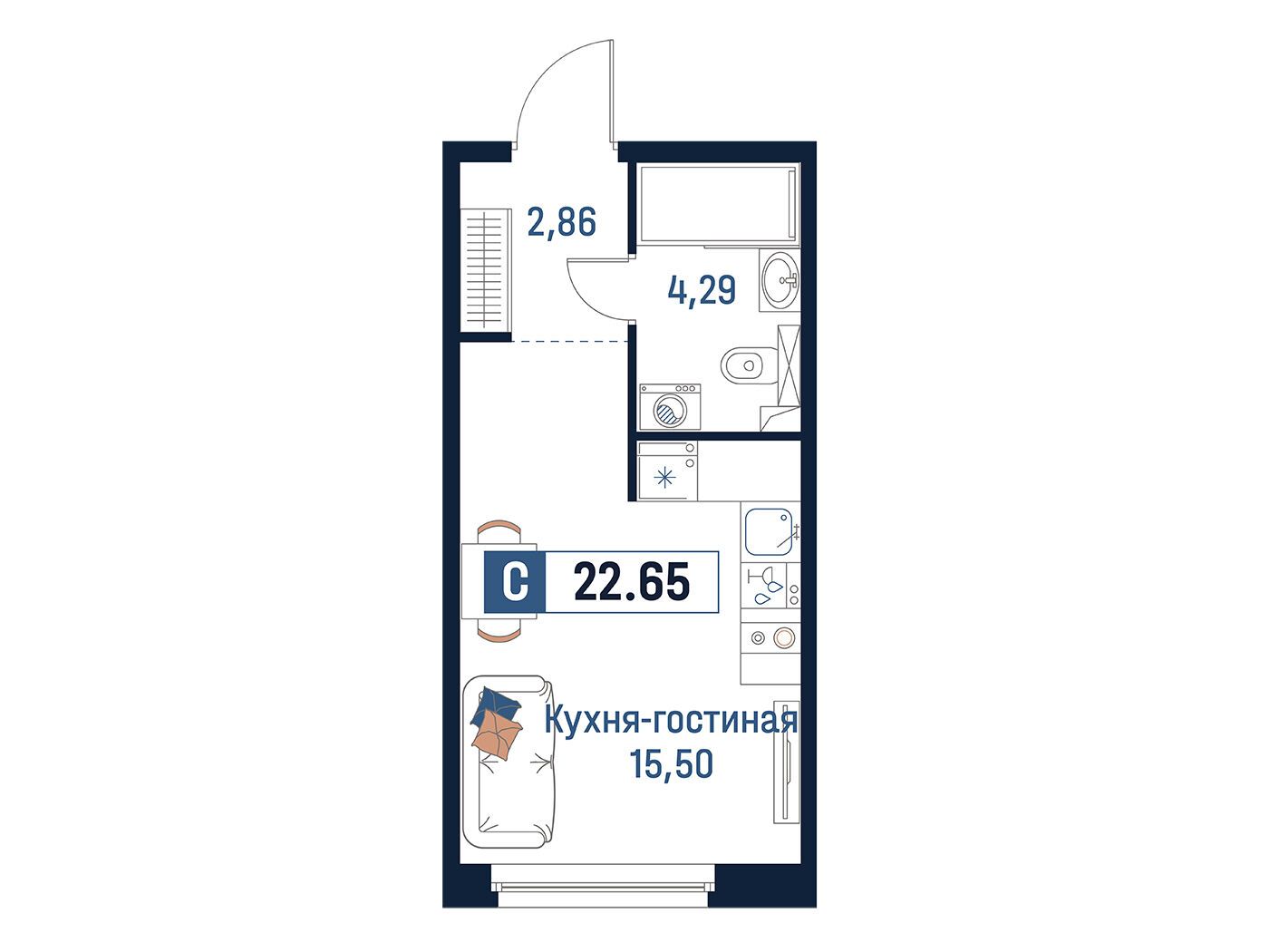 Планировка: Студия 22.65 м² в новостройке Максималист