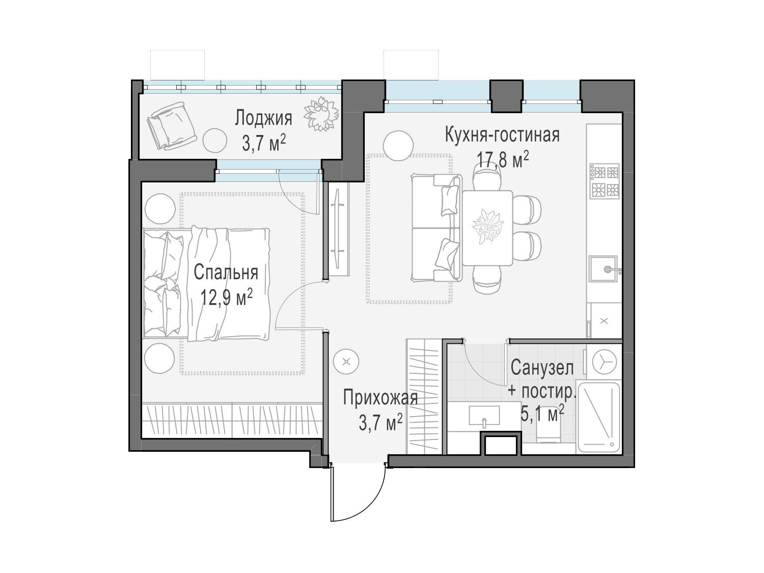 Планировка: 1-комн. квартира 39.40 м² в новостройке ЖК Новое Пушкино