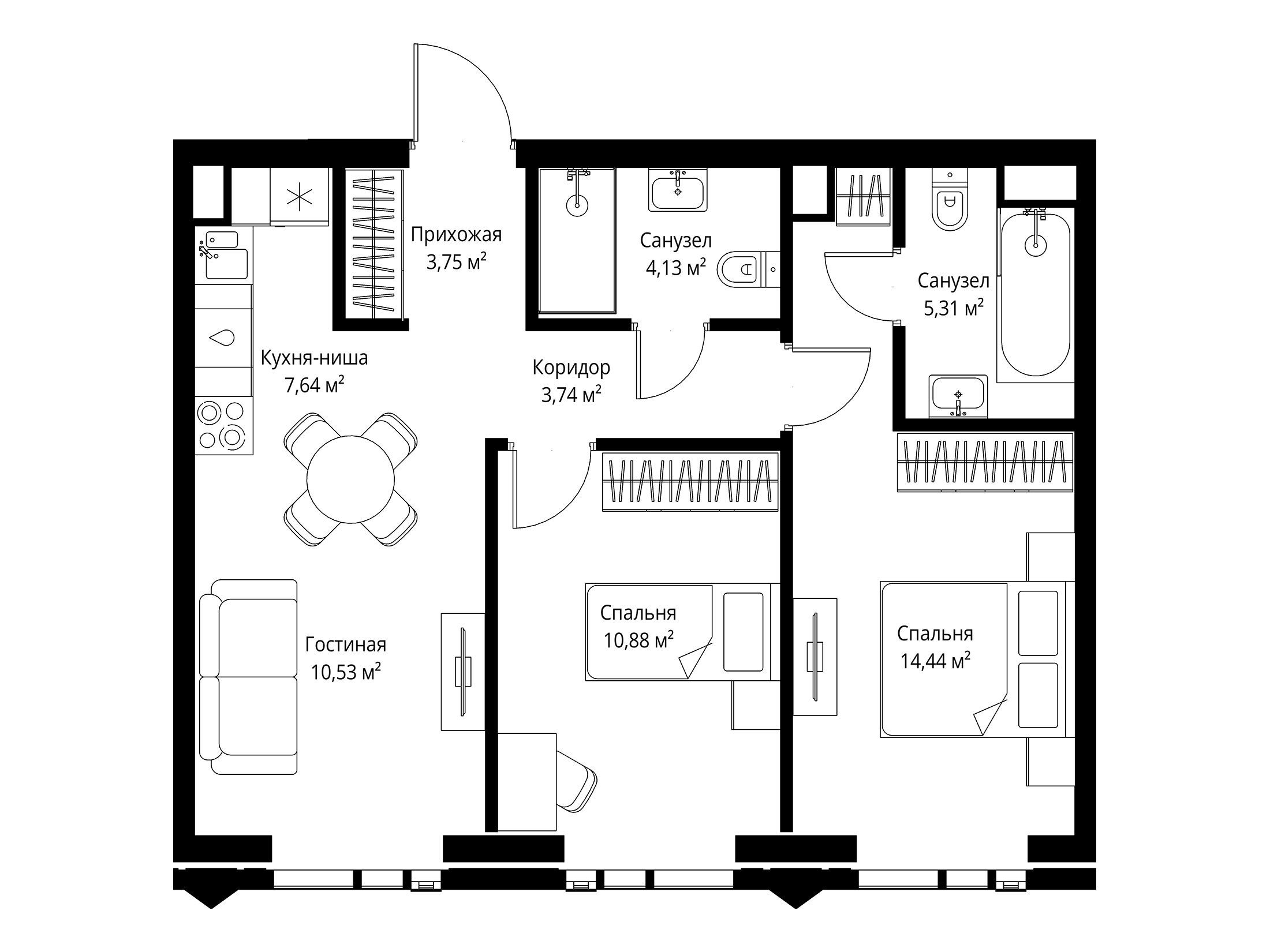Планировка: 2-комн. квартира 60.42 м² в новостройке Джойс