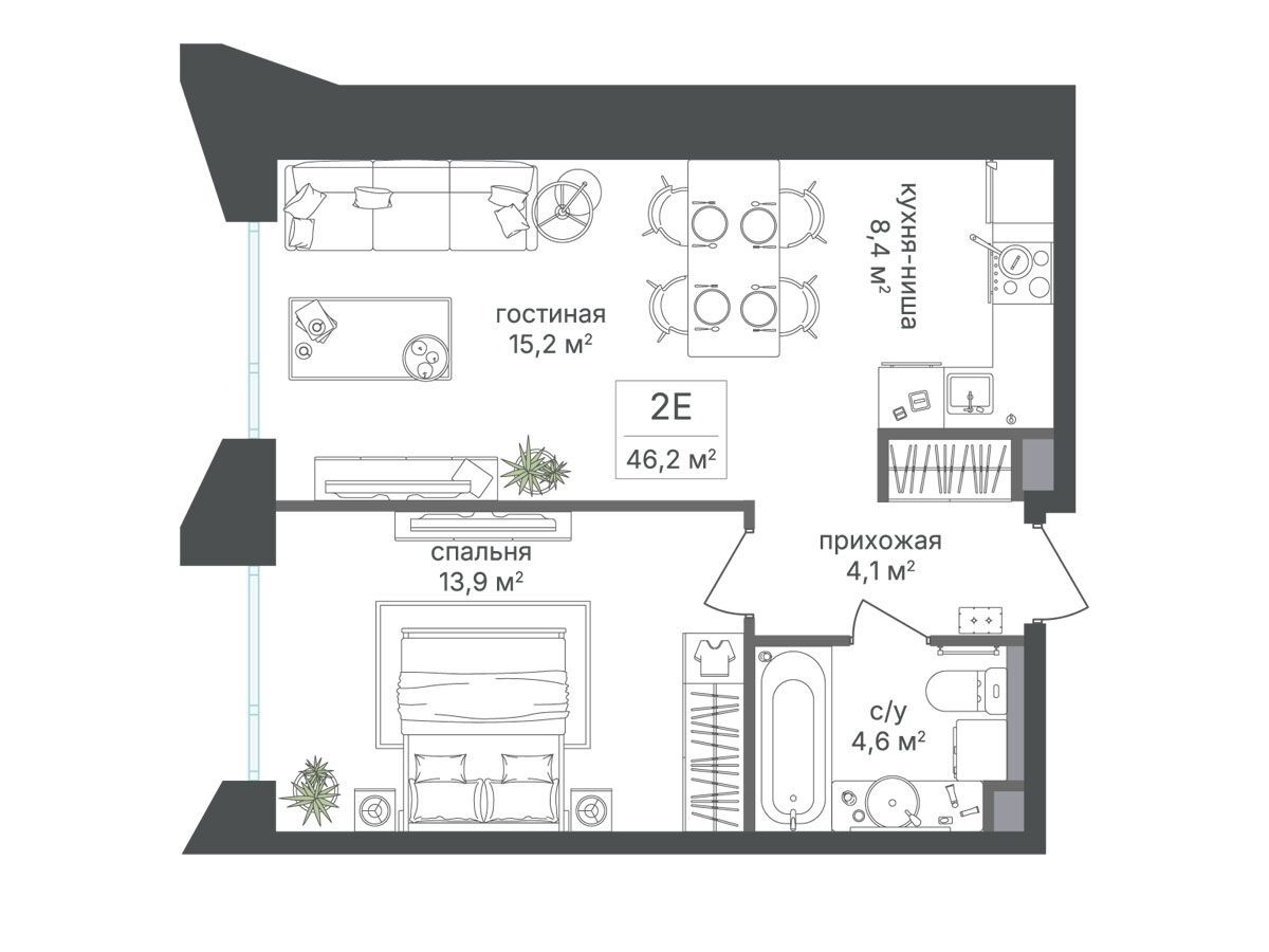 Планировка: 1-комн. квартира 46.20 м² в новостройке Петровский парк II