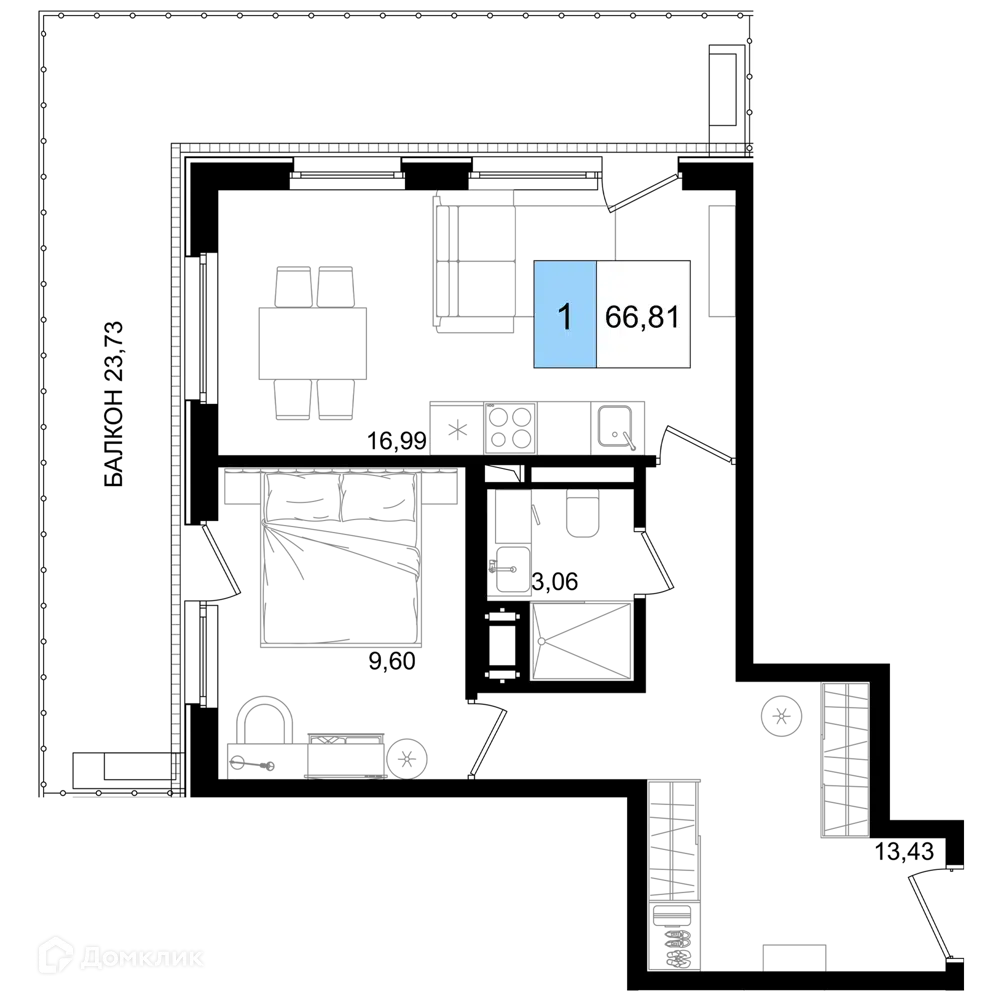 Планировка: 1-комн. квартира 66.81 м² в новостройке Корсаков