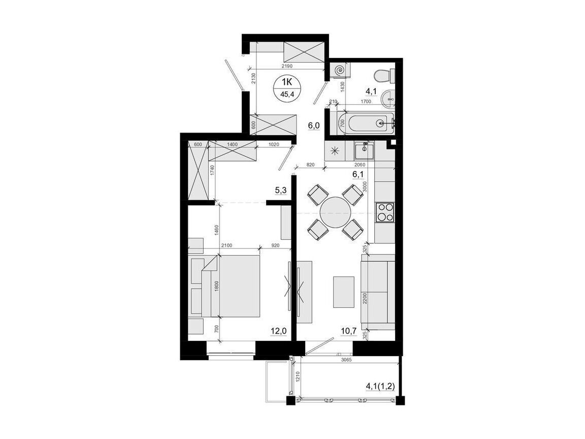 Планировка: 1-комн. квартира 45.40 м² в новостройке Союзный