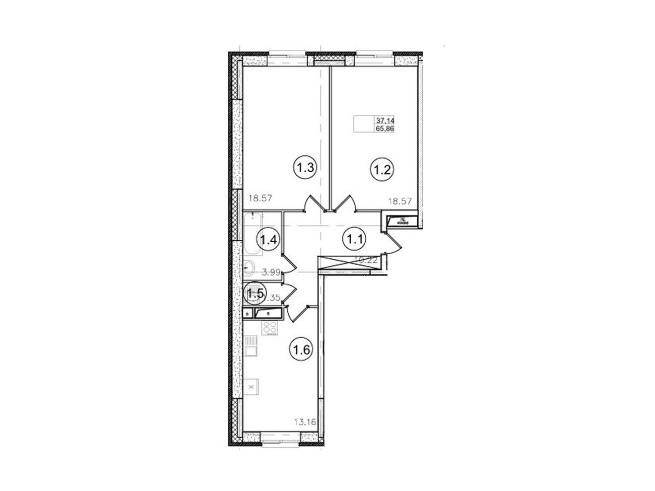 Планировка: 2-комн. квартира 65.86 м² в новостройке Портал