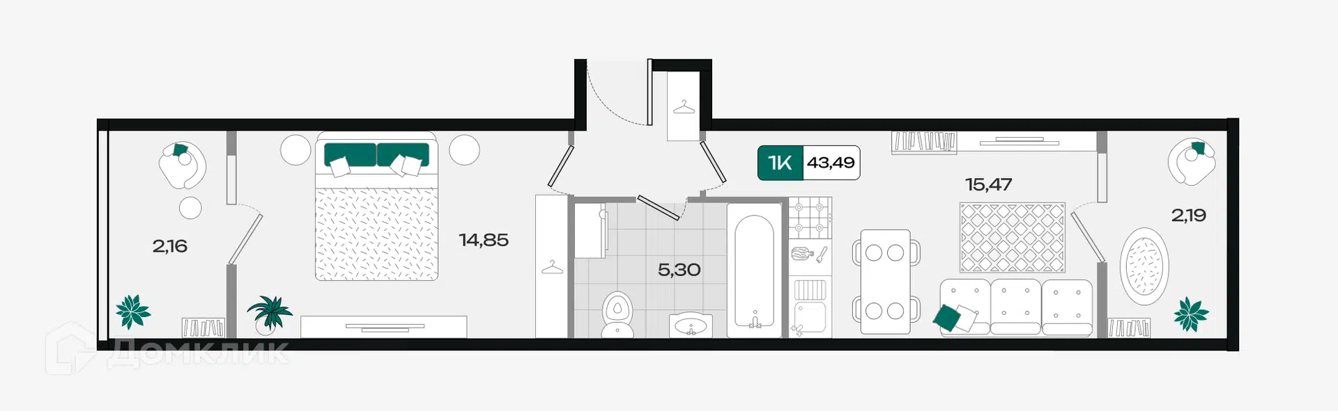 Планировка: 1-комн. квартира 43.49 м² в новостройке Народные Кварталы