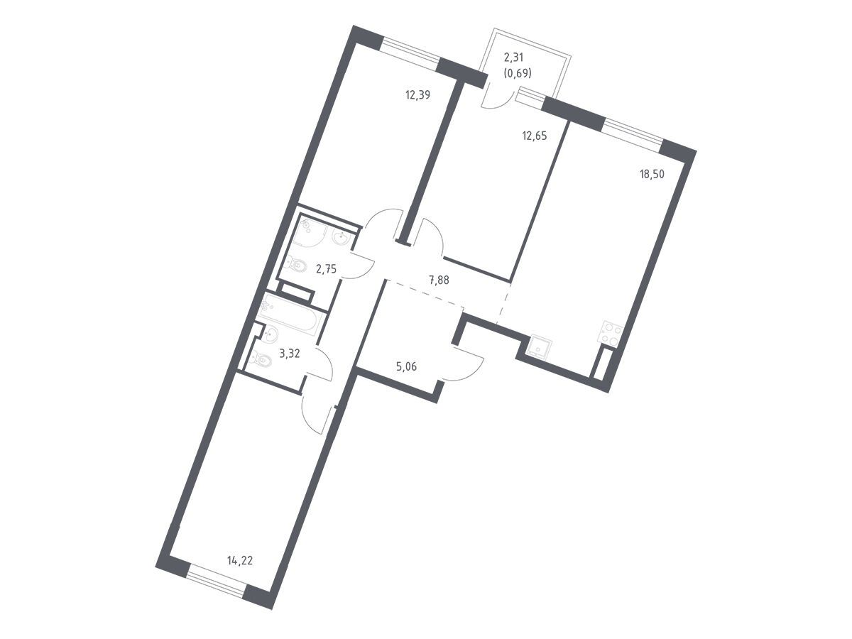 Планировка: 3-комн. квартира 77.46 м² в новостройке Лаголово
