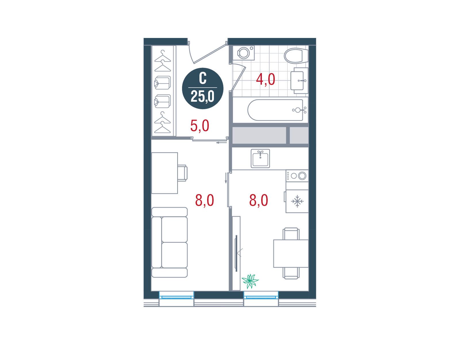 Планировка: Студия 25.00 м² в новостройке Русич Кантемировский