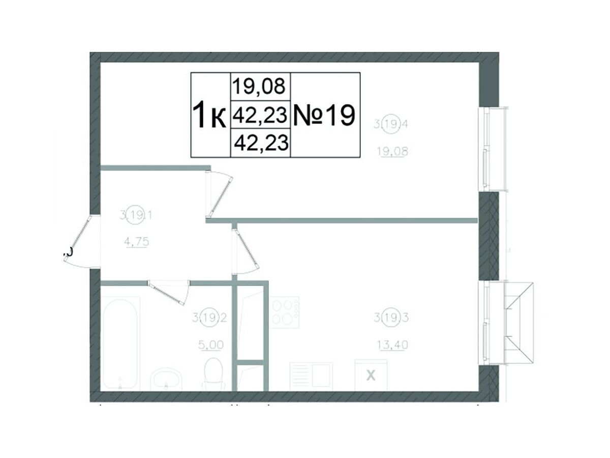 Планировка: 1-комн. квартира 42.23 м² в новостройке Авиатор-2