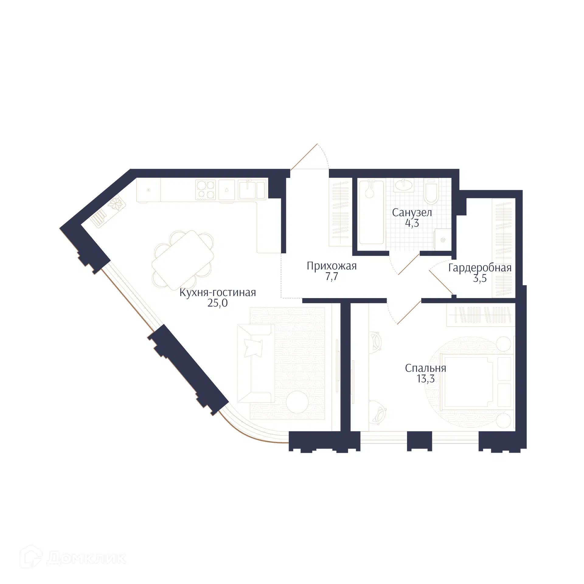 Планировка: 1-комн. квартира 53.80 м² в новостройке Брют Резиденс