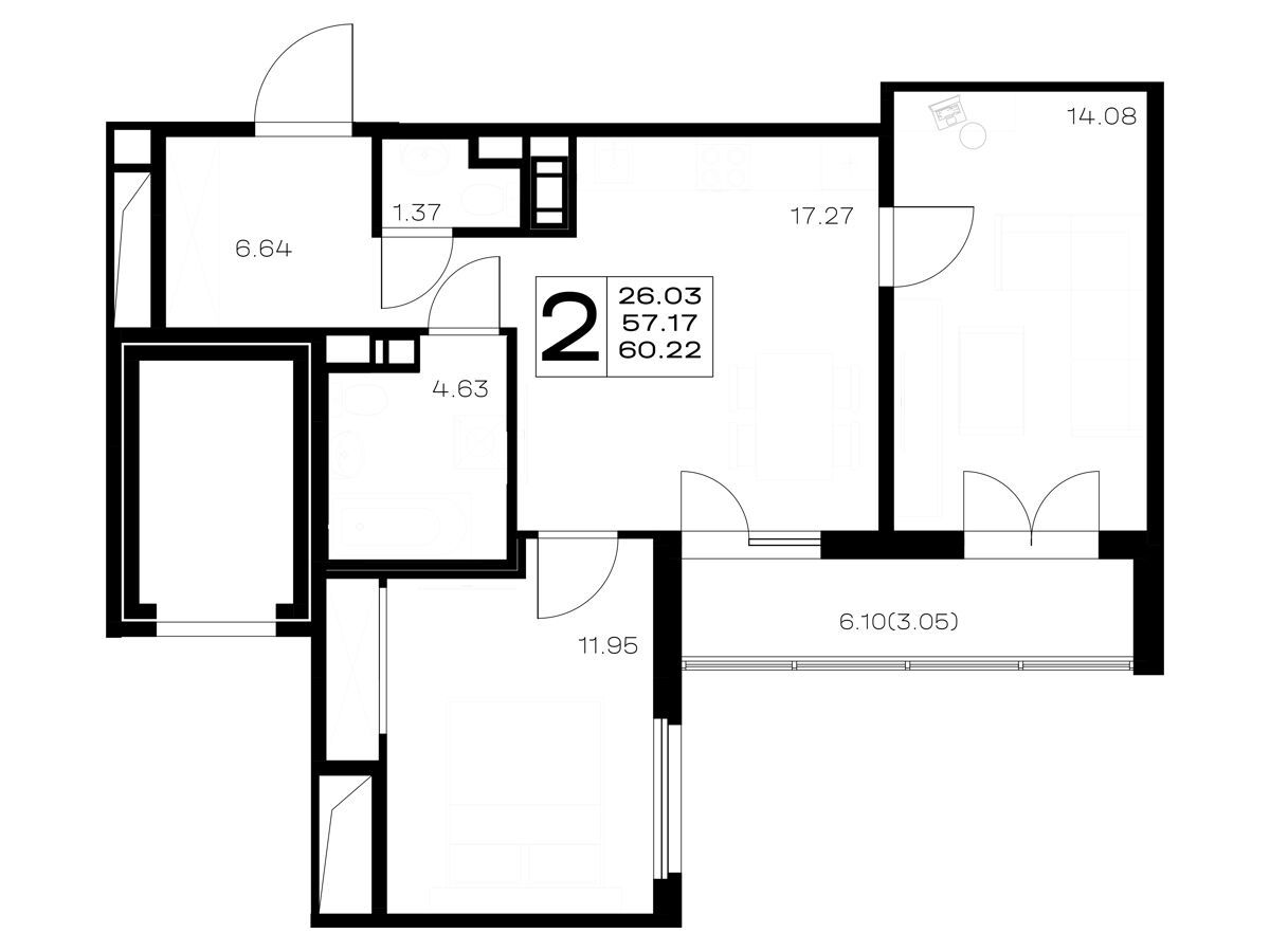 Планировка: 2-комн. квартира 60.22 м² в новостройке Борский