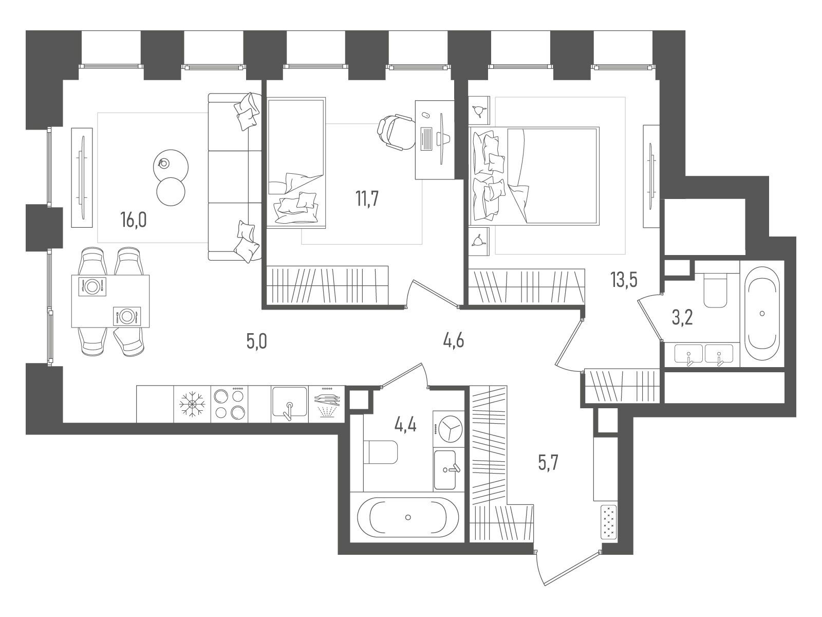 Планировка: 2-комн. квартира 64.10 м² в новостройке ЖК Пейв