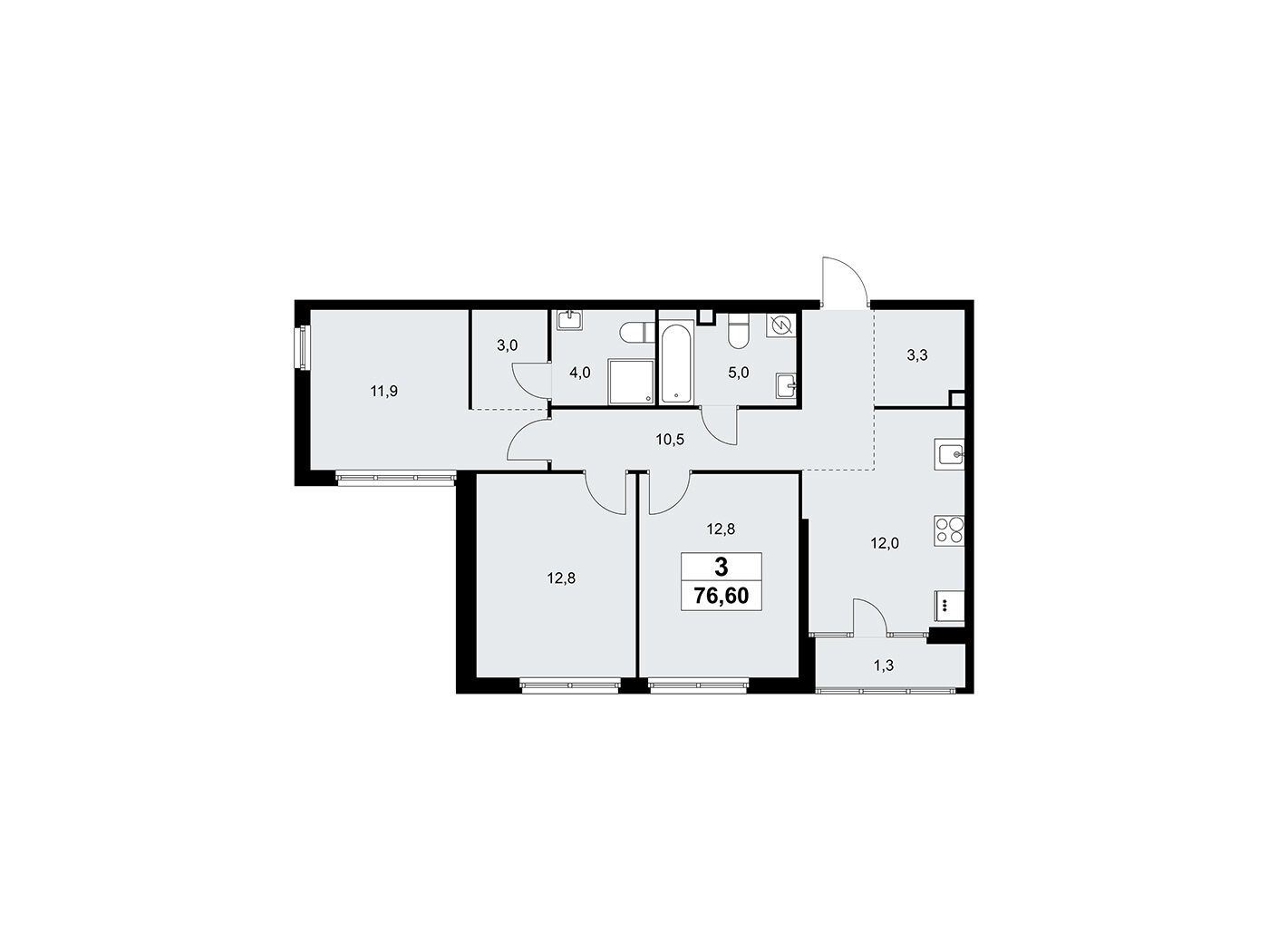 Планировка: 3-комн. квартира 76.60 м² в новостройке Дом на Зорге