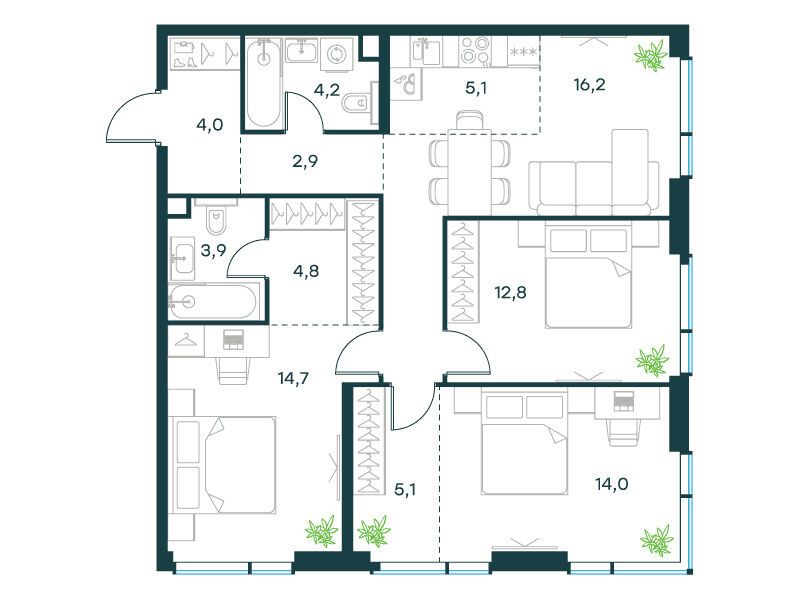 Планировка: 4-комн. квартира 87.70 м² в новостройке Павелецкая Сити