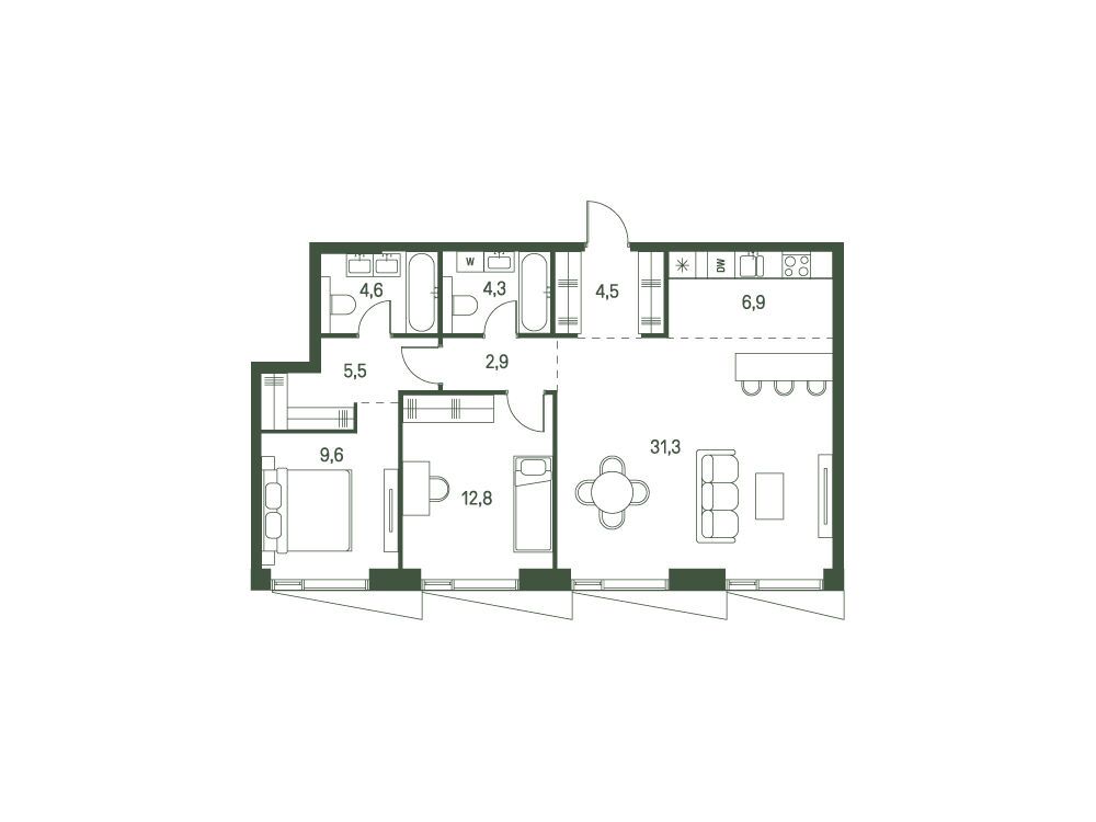 Планировка: 2-комн. квартира 82.40 м² в новостройке Моментс