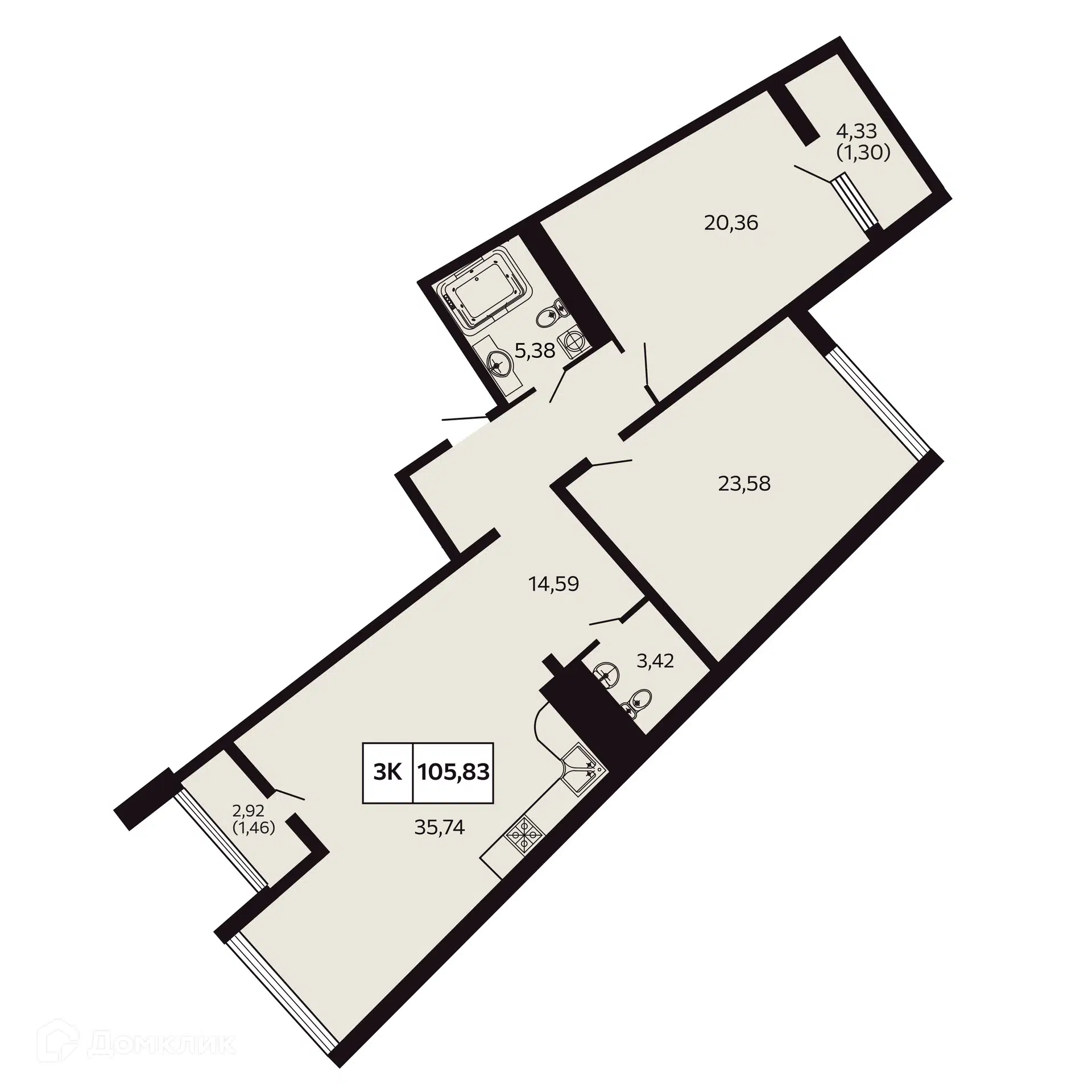Планировка: 3-комн. квартира 106.95 м² в новостройке Отражение