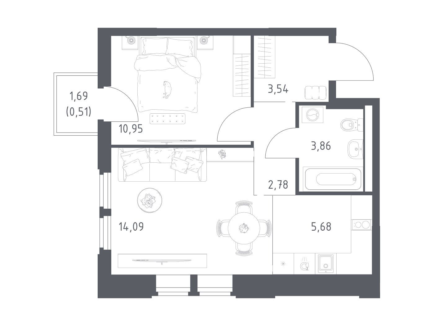 Планировка: 1-комн. квартира 41.41 м² в новостройке Космический квартал
