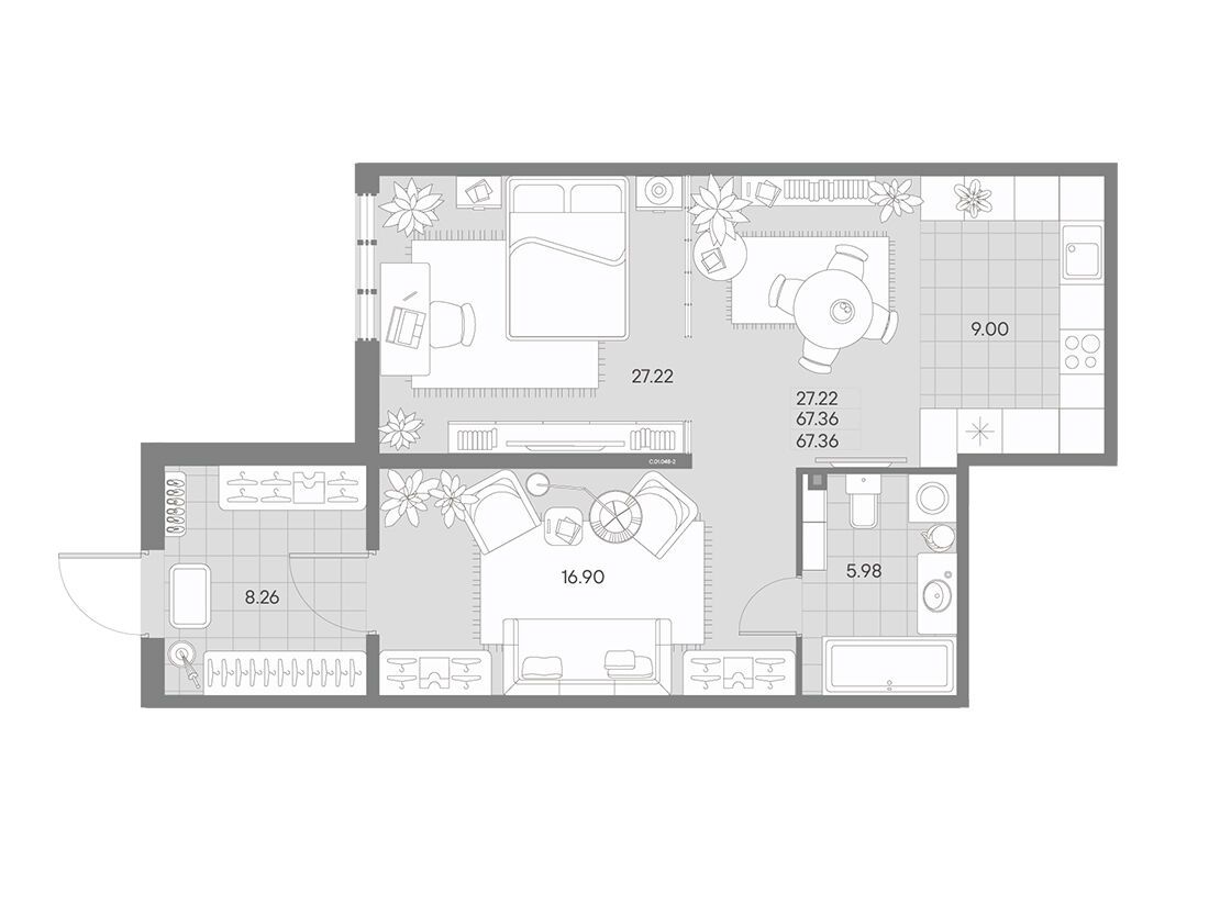 Планировка: 1-комн. квартира 65.40 м² в новостройке Амо