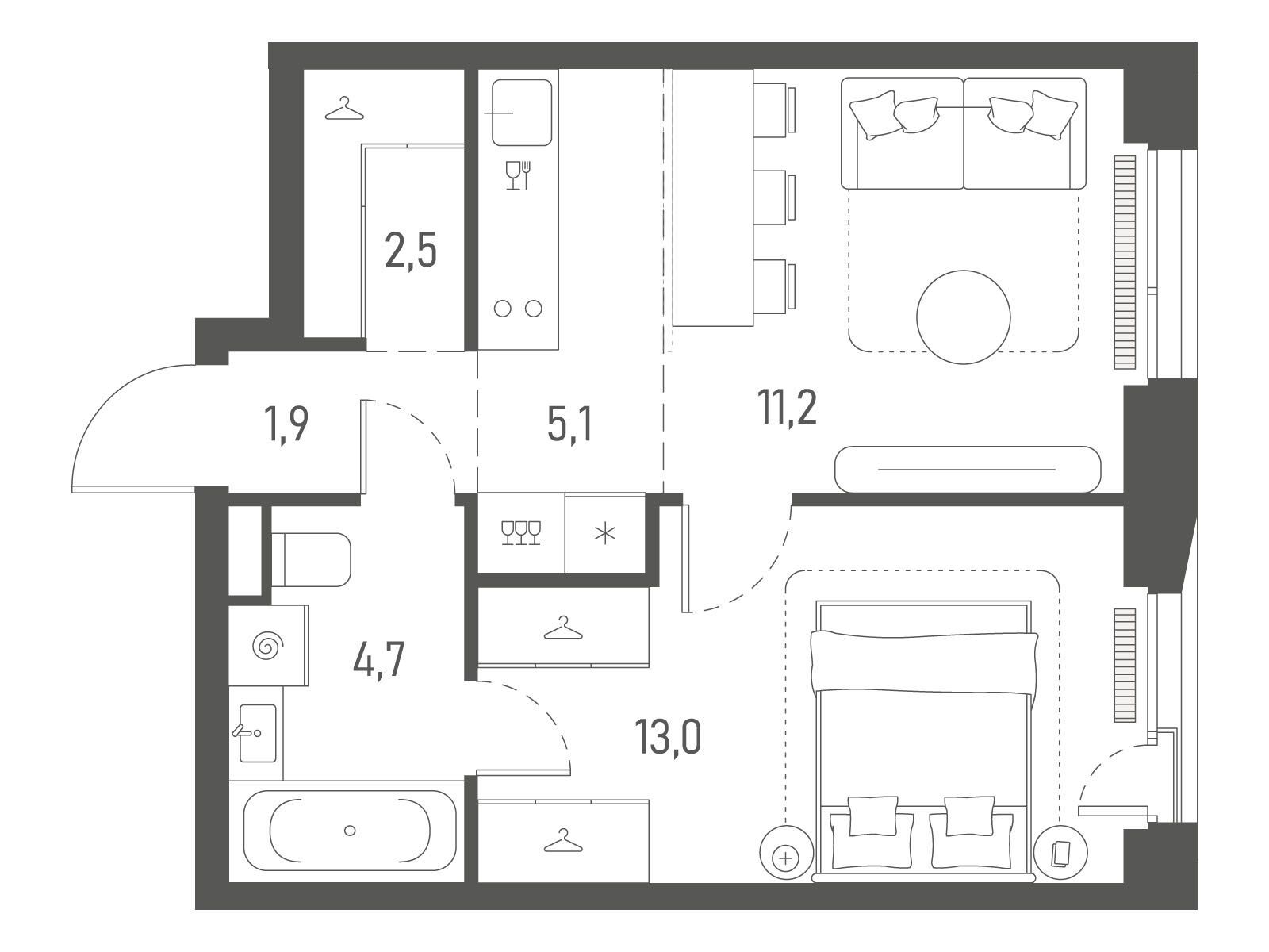 Планировка: 1-комнатная квартира 38.40 м² в новостройке Среда на Лобачевского