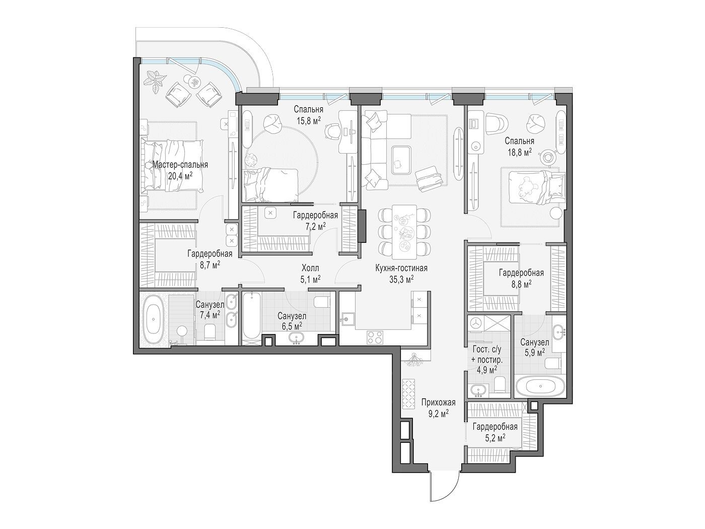 Планировка: 3-комн. квартира 161.20 м² в новостройке Палашёвский 11