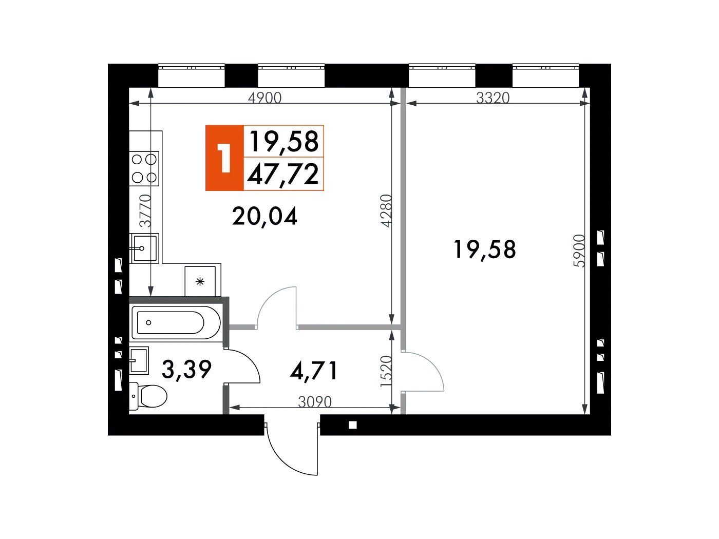 Планировка: 1-комн. квартира 47.70 м² в новостройке Парк Апрель