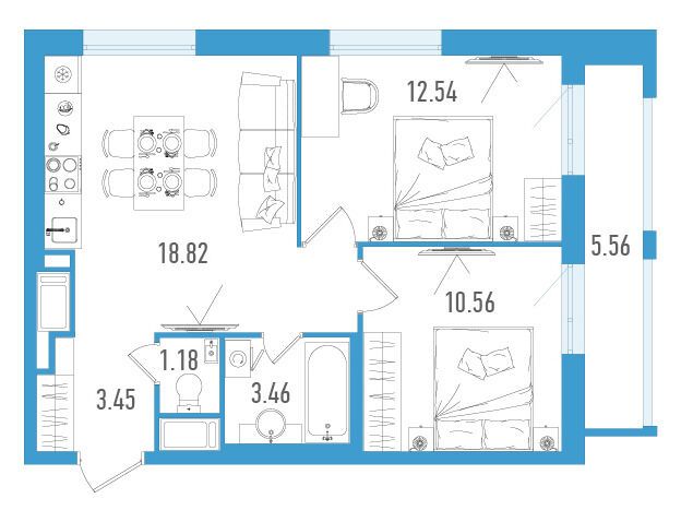 Планировка: 2-комн. квартира 51.68 м² в новостройке Старлайт