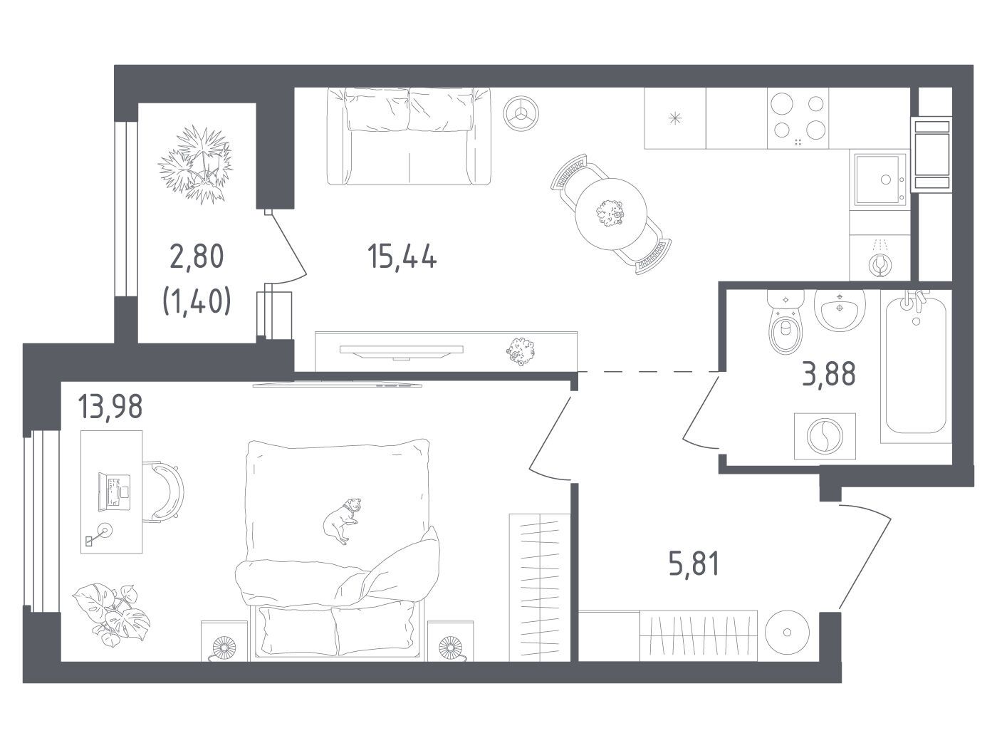 Планировка: 1-комн. квартира 40.51 м² в новостройке Южная Нева