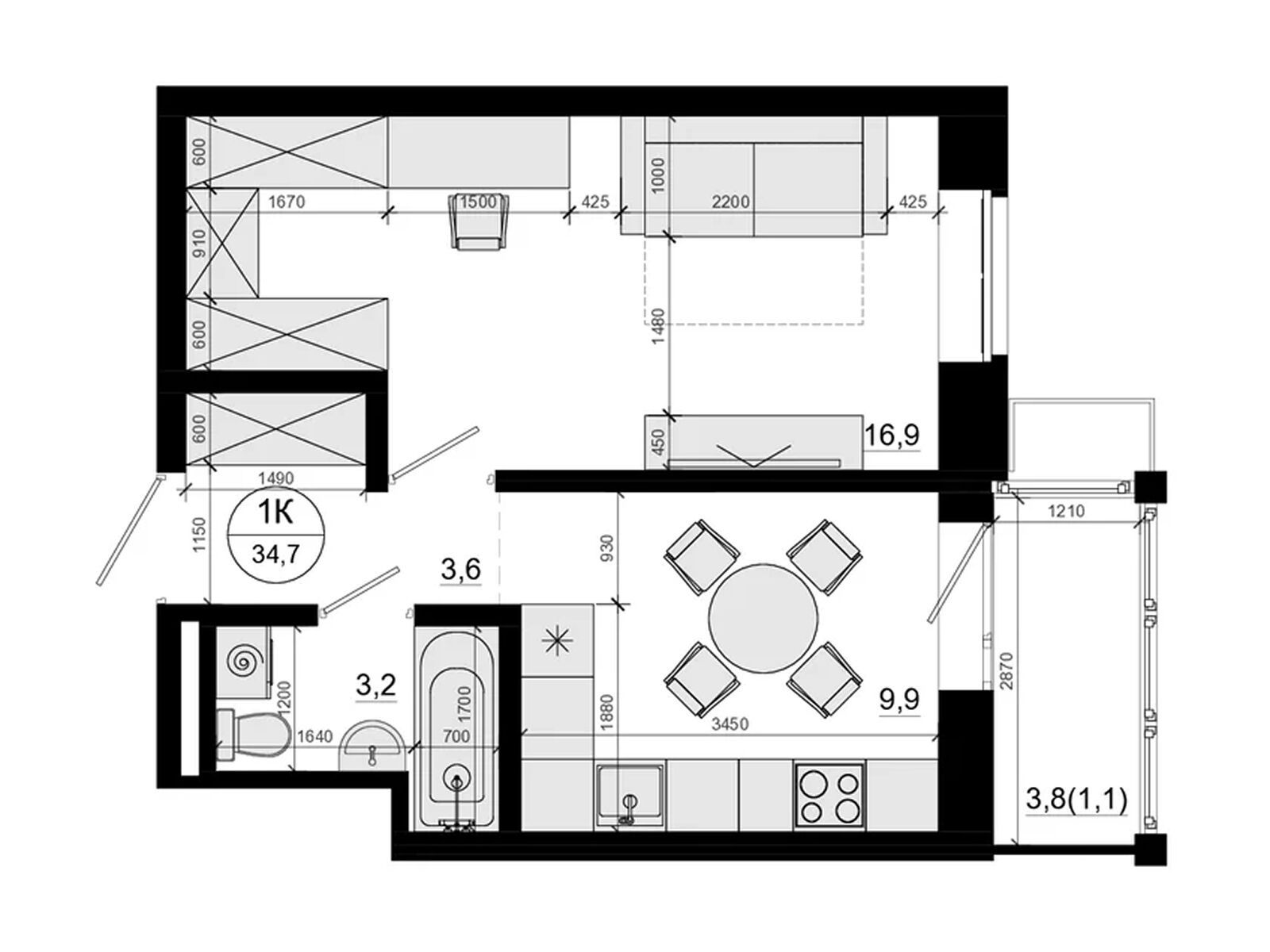 Планировка: 1-комн. квартира 34.70 м² в новостройке Союзный