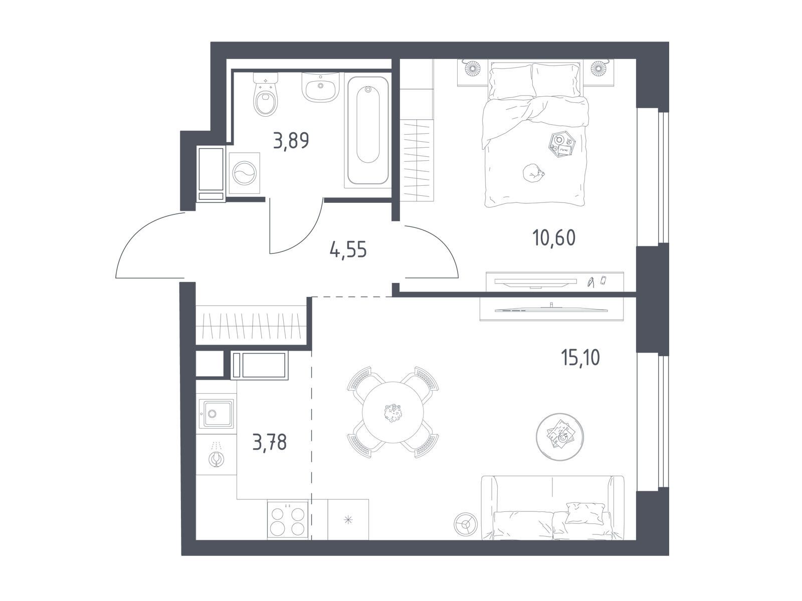 Планировка: 1-комн. квартира 37.70 м² в новостройке Томилино Парк