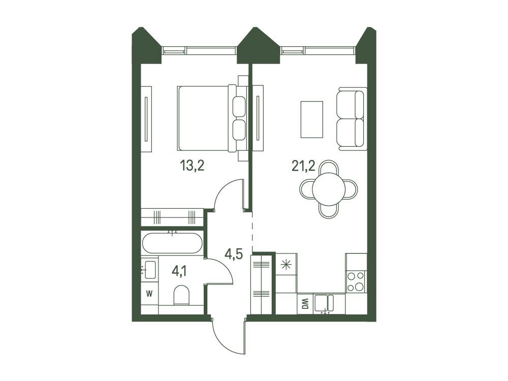 Планировка: 1-комн. квартира 43.00 м² в новостройке Моментс
