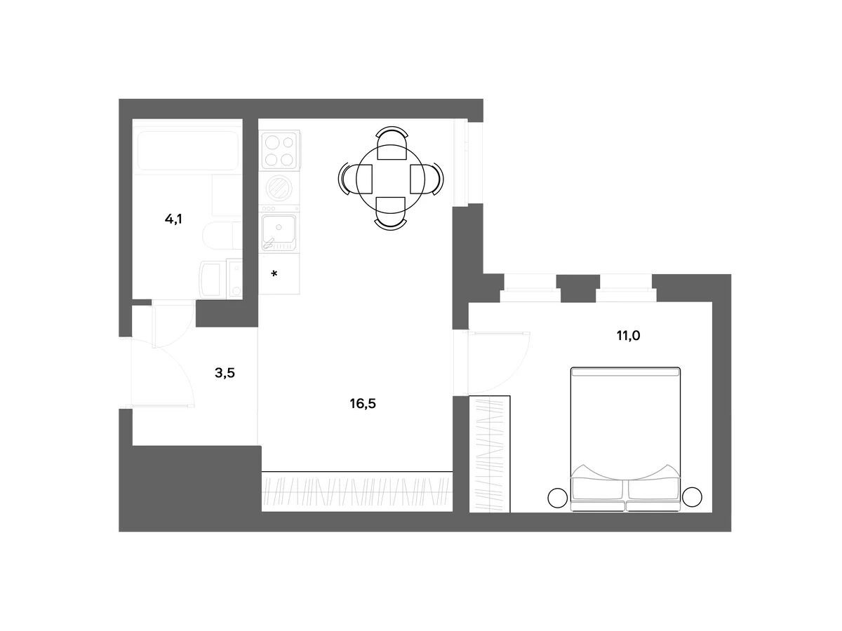 Планировка: 1-комн. квартира 35.10 м² в новостройке Нега