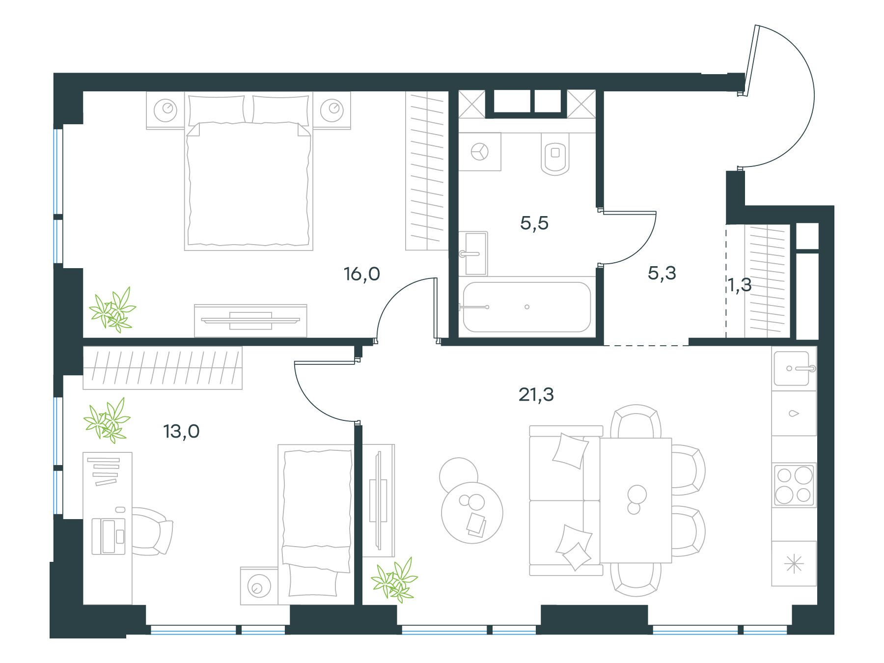 Планировка: 2-комн. квартира 62.40 м² в новостройке Левел Войковская
