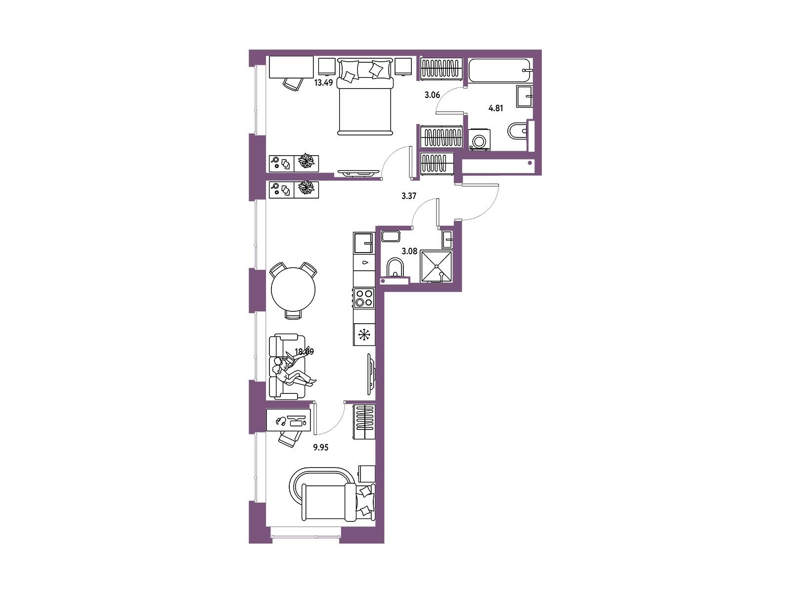 Планировка: 3-комн. квартира 55.85 м² в новостройке ЖК Страна Парковая