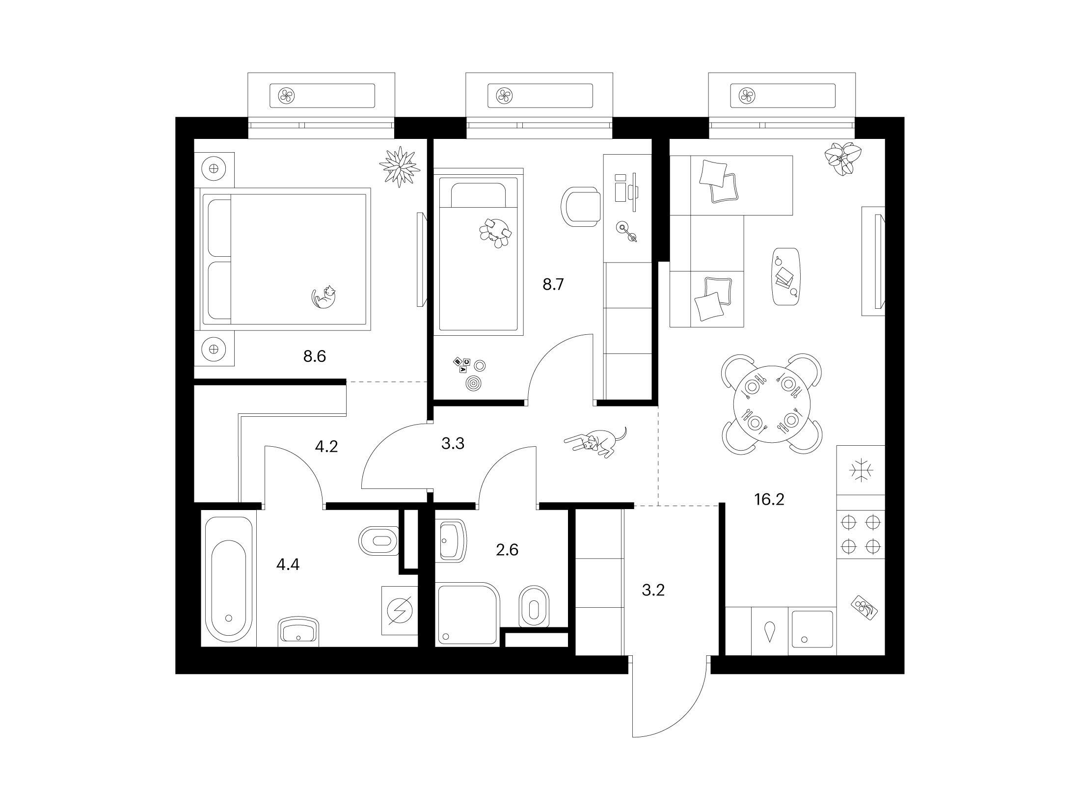 Планировка: 2-комн. квартира 51.20 м² в новостройке Зелёный парк