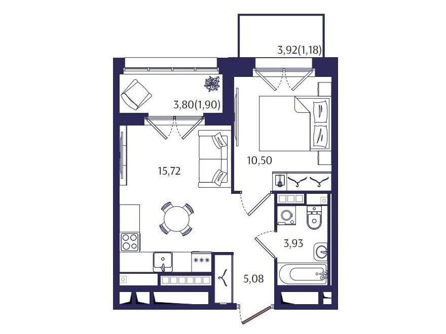 Планировка: 1-комн. квартира 38.31 м² в новостройке Ранта Резиденс