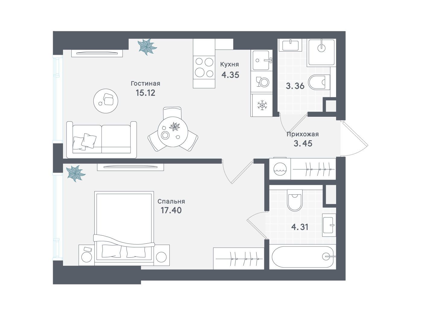 Планировка: 1-комн. квартира 47.99 м² в новостройке Солос
