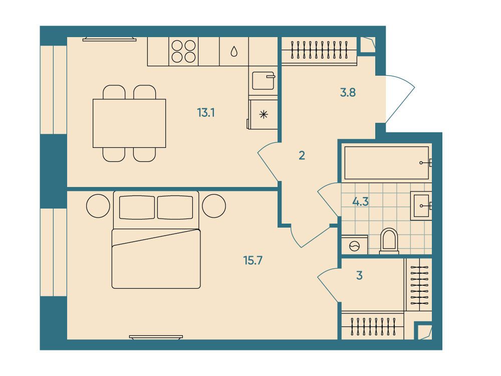 Планировка: 1-комн. квартира 41.90 м² в новостройке ЖК ЭРА