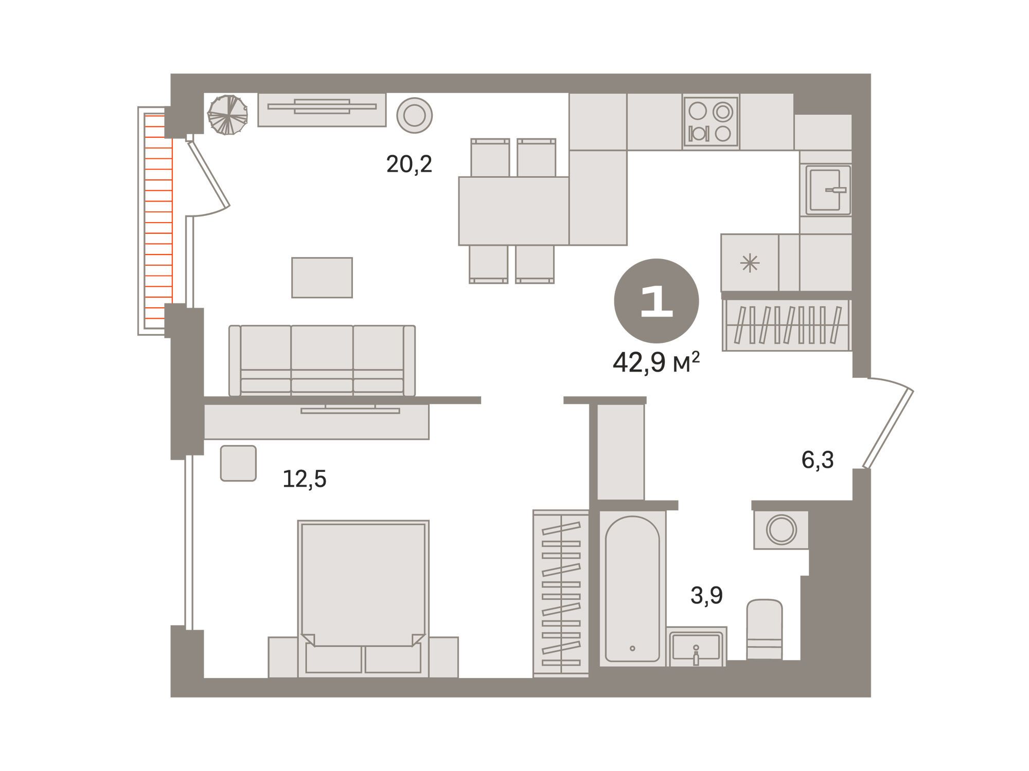 Планировка: 1-комн. квартира 42.90 м² в новостройке Квартал Герцена