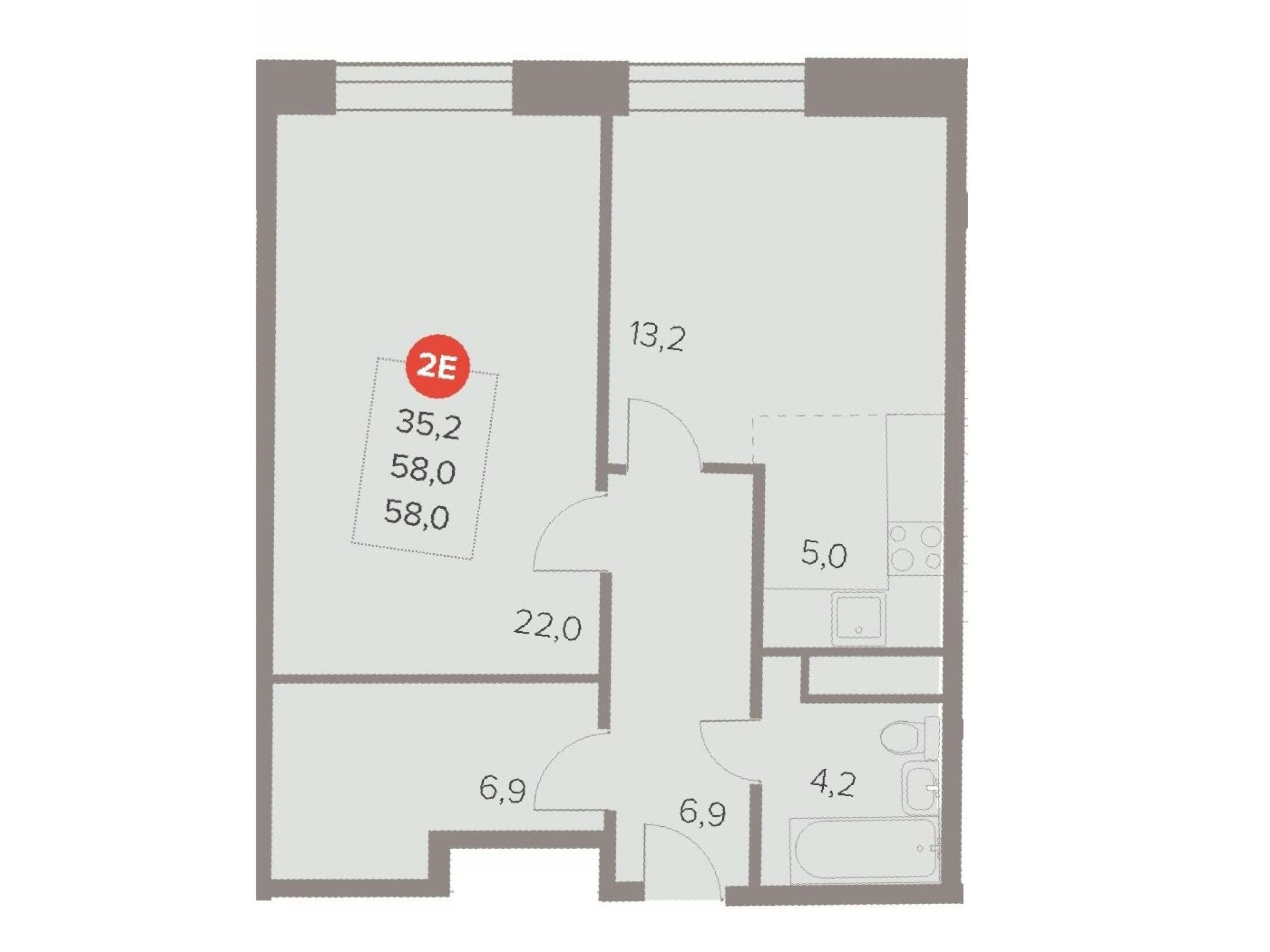 Планировка: 2-комн. квартира 58.50 м² в новостройке Отлично