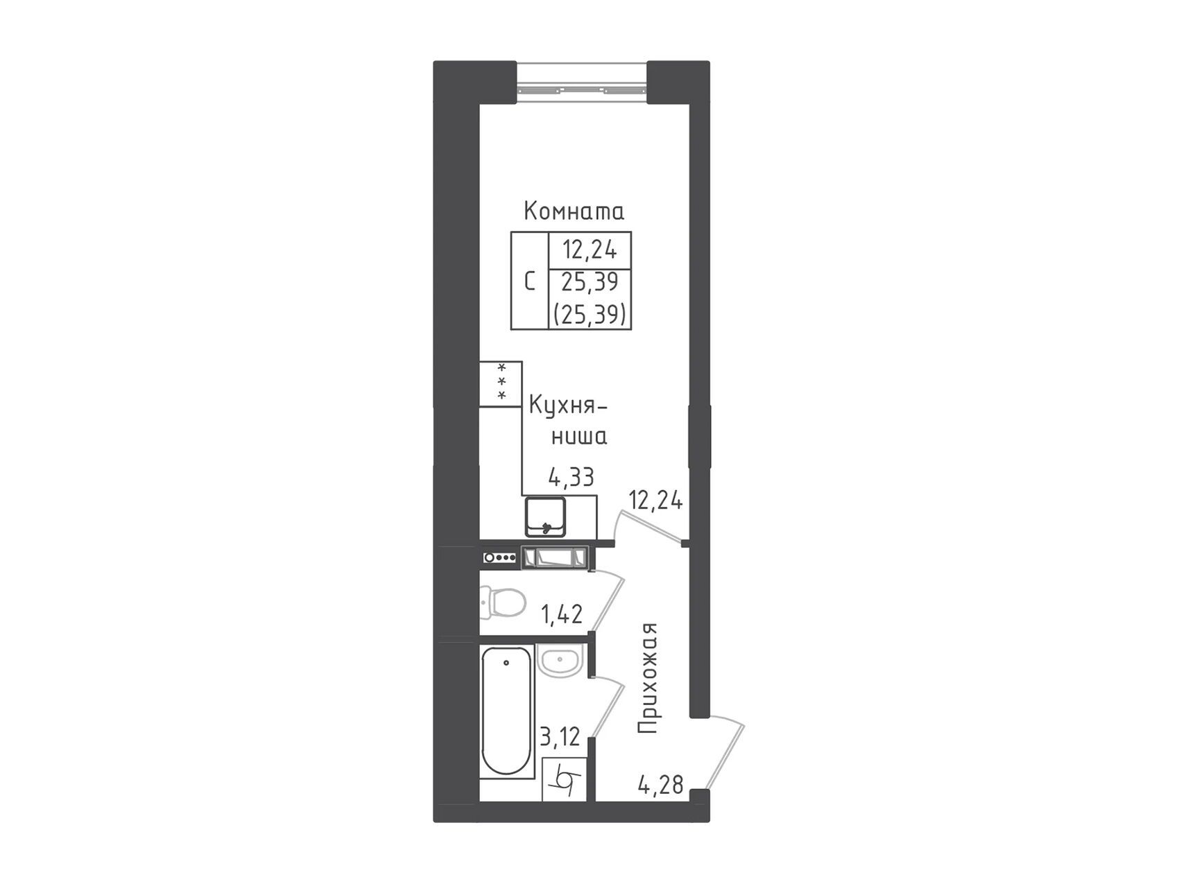 Планировка: Студия 25.39 м² в новостройке Зеленый Город