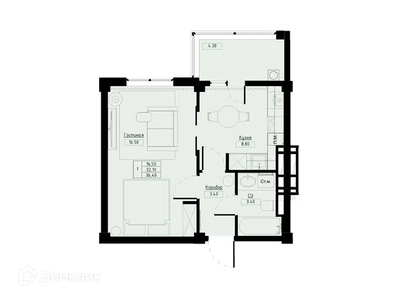 Планировка: 1-комн. квартира 36.40 м² в новостройке Долина Кислорода