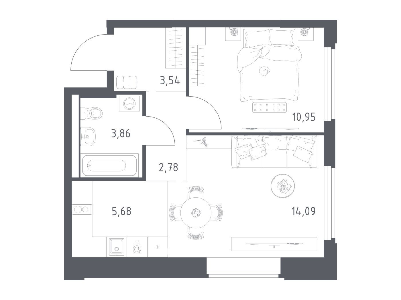 Планировка: 1-комн. квартира 40.90 м² в новостройке Космический квартал