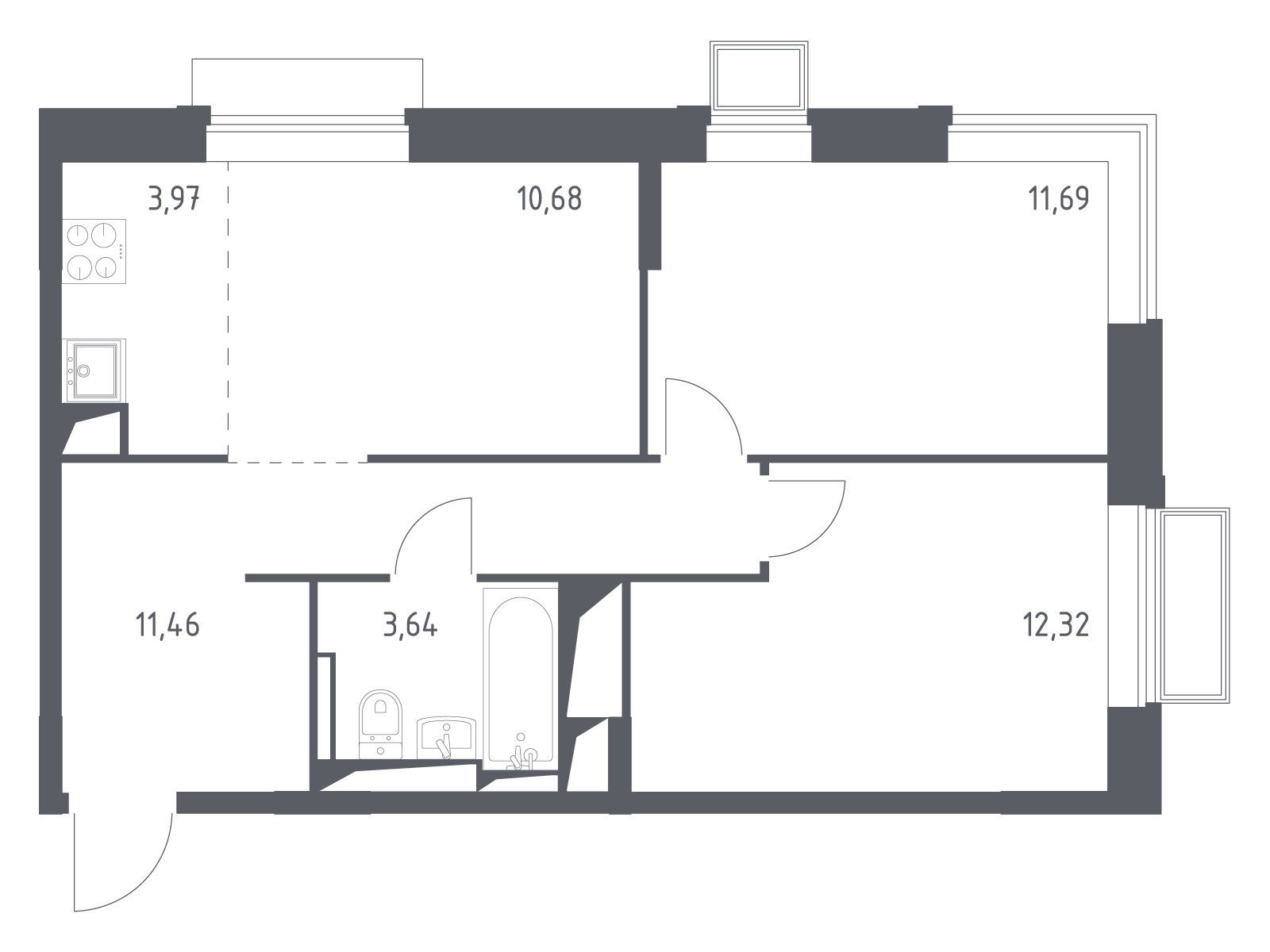 Планировка: 2-комн. квартира 53.80 м² в новостройке Долина Яузы