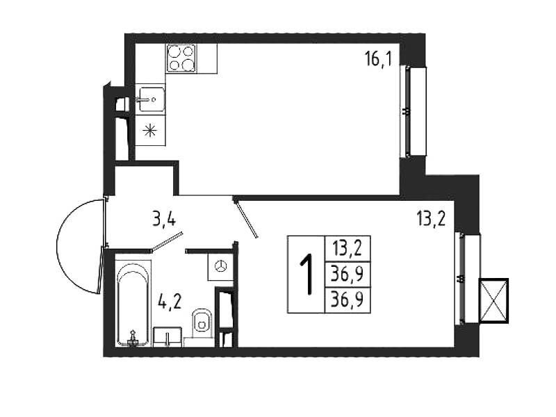 Планировка: 1-комн. квартира 36.90 м² в новостройке Берег