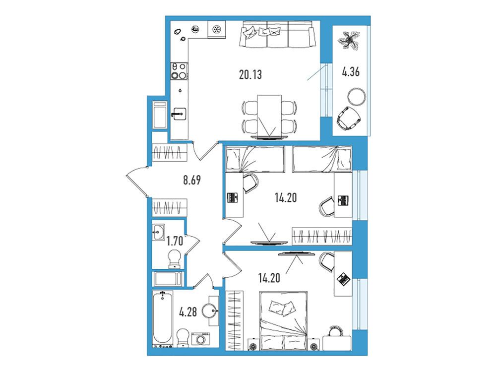 Планировка: 2-комн. квартира 65.38 м² в новостройке Искра Сити