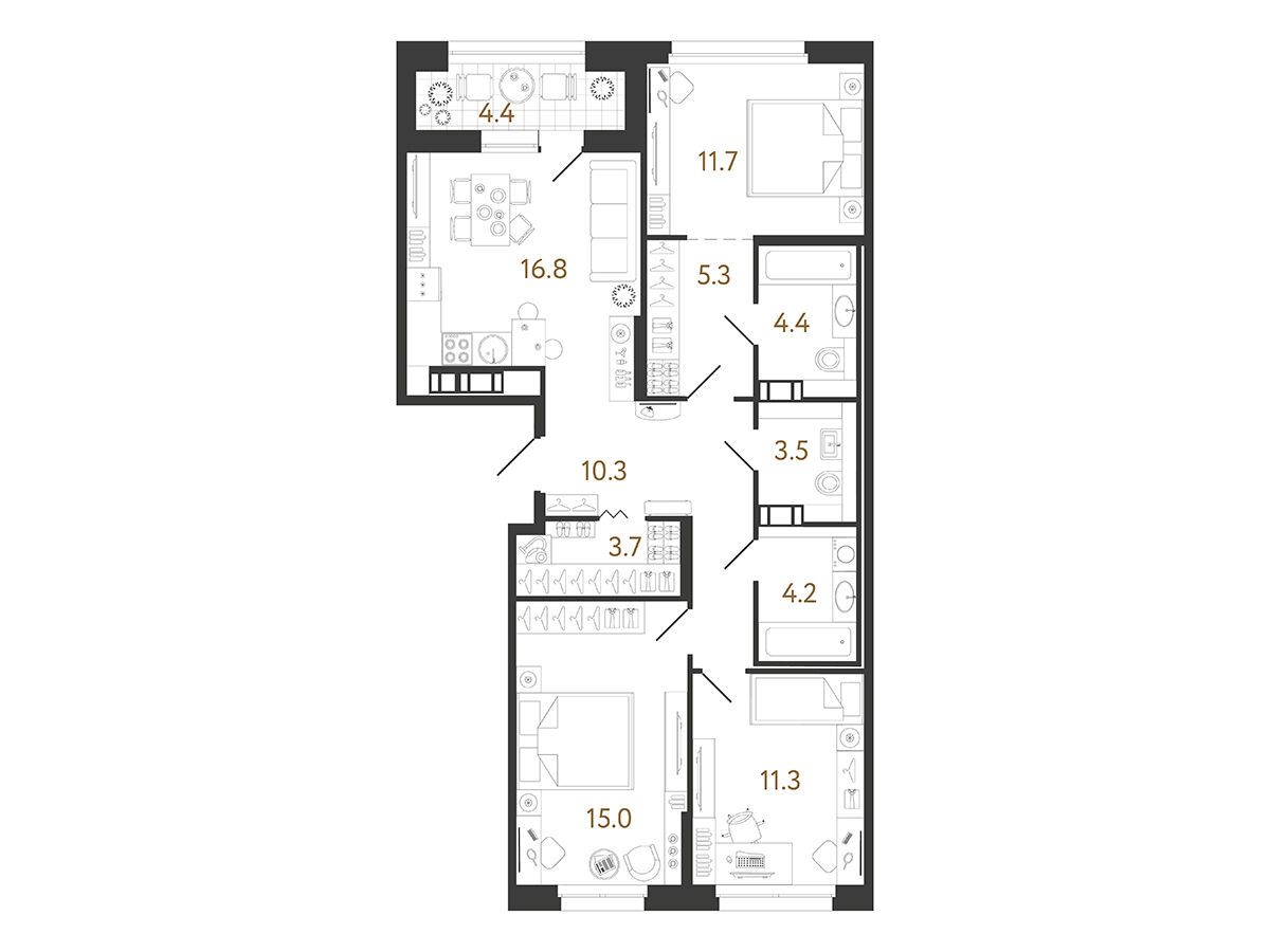 Планировка: 3-комн. квартира 86.20 м² в новостройке Куинджи