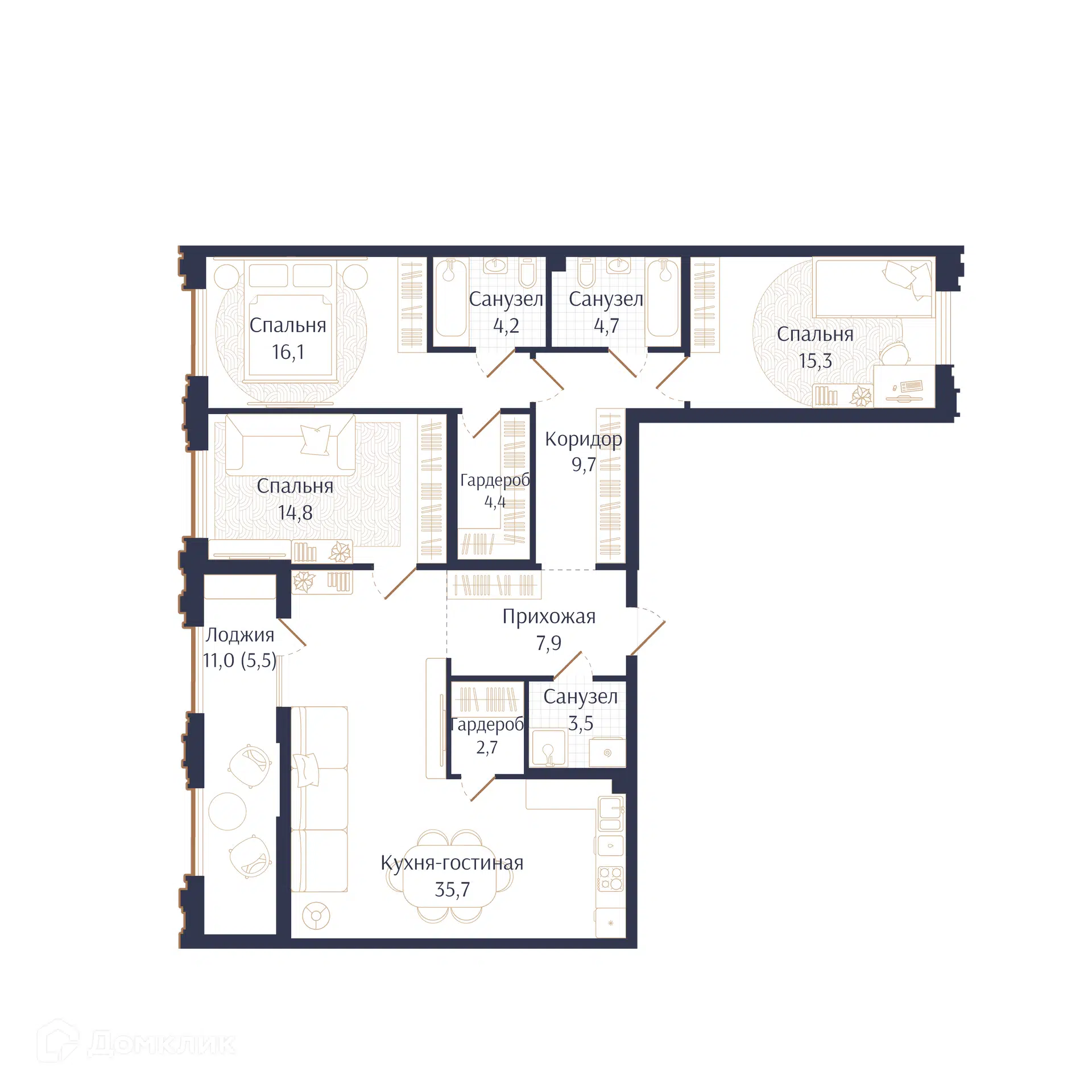 Планировка: 3-комн. квартира 124.50 м² в новостройке Брют Резиденс