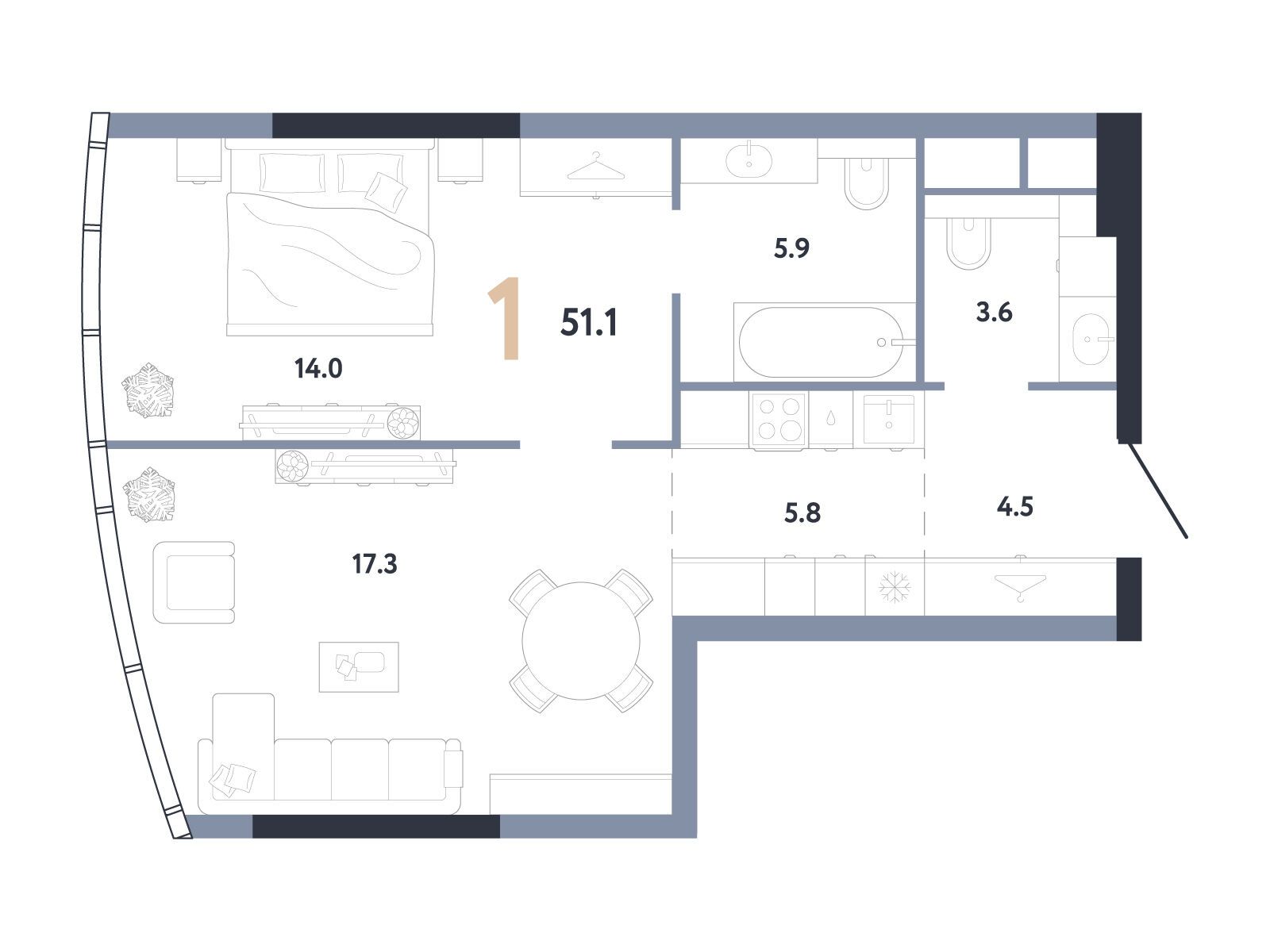 Планировка: 1-комн. квартира 51.10 м² в новостройке Аурус Резиденции