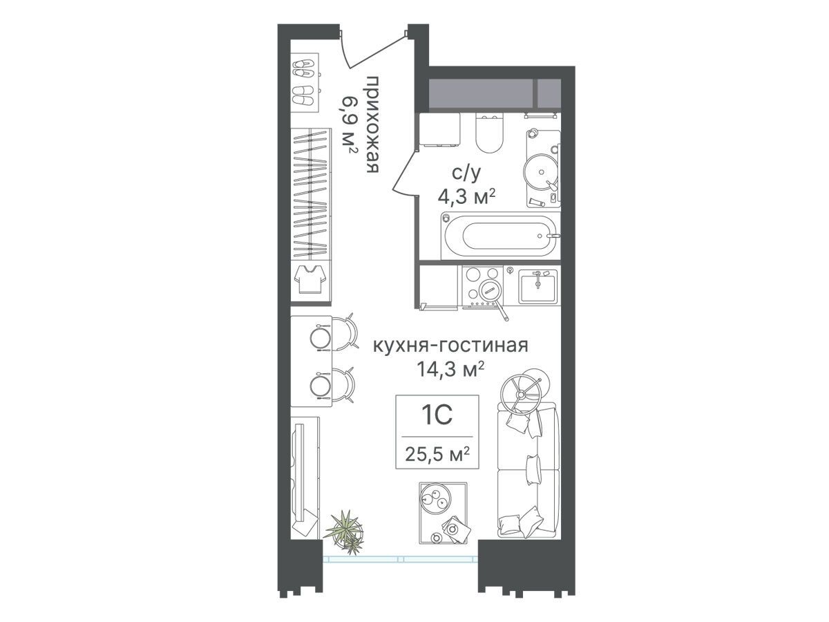 Планировка: Студия 25.50 м² в новостройке Варшавские ворота