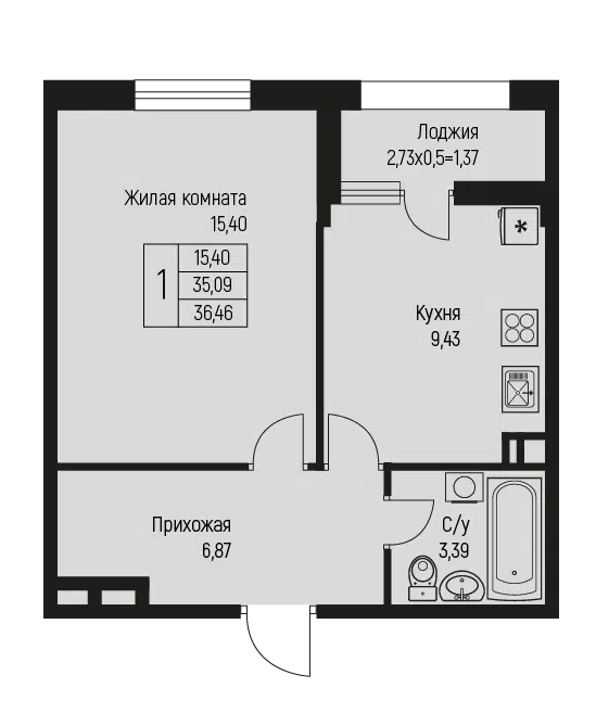 Планировка: 1-комн. квартира 36.46 м² в новостройке Ритм