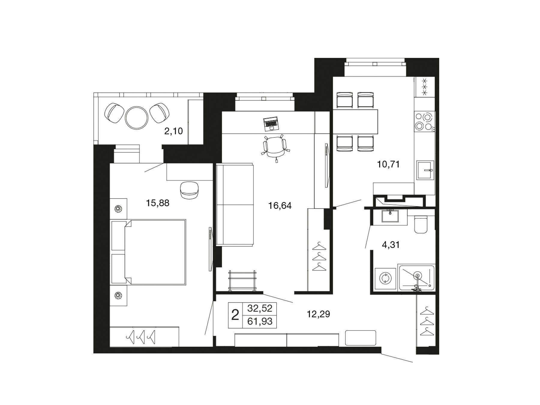 Планировка: 2-комн. квартира 59.80 м² в новостройке Времена года
