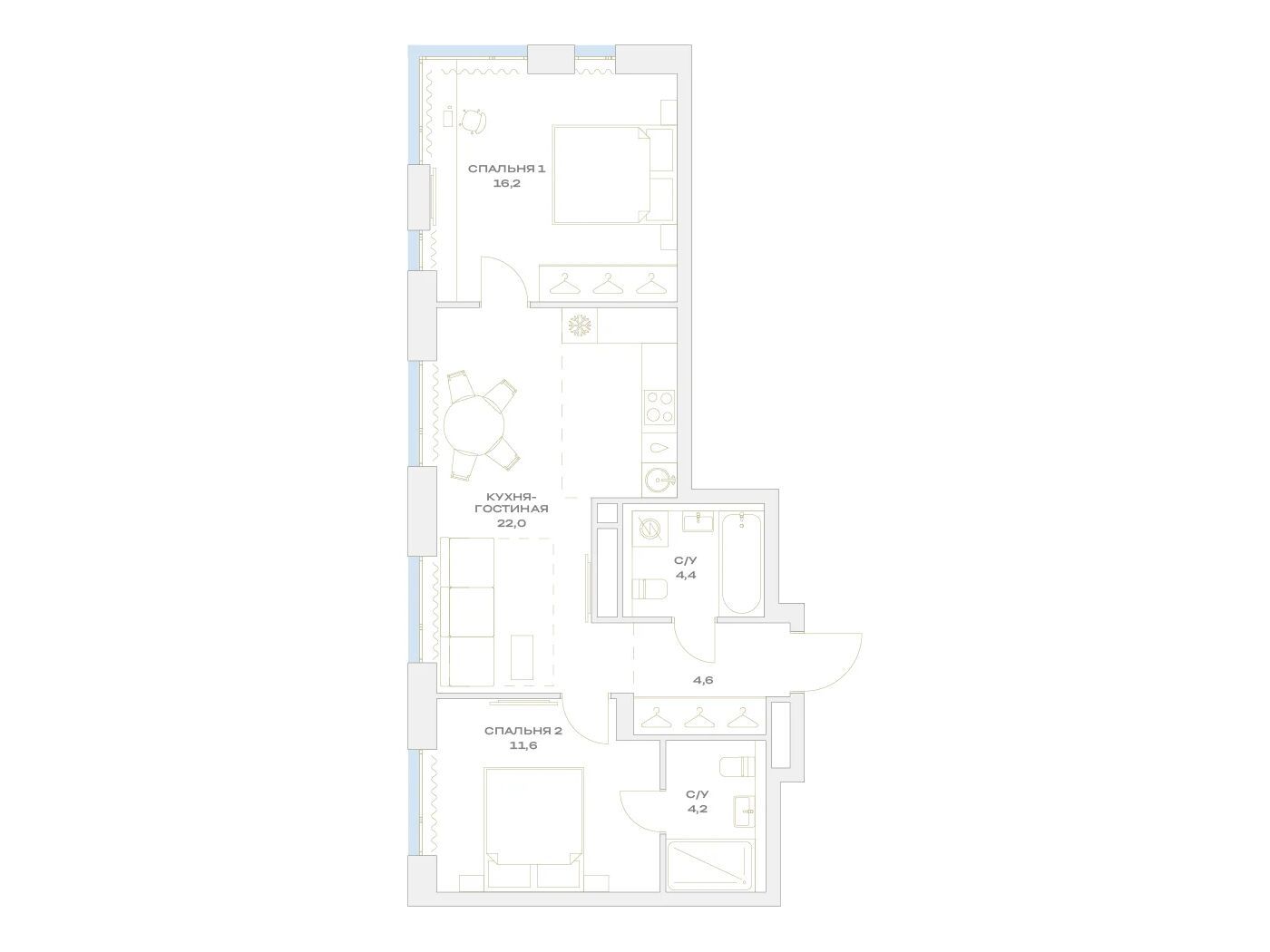 Планировка: 2-комн. квартира 63.00 м² в новостройке Детали